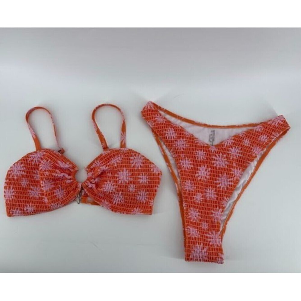 Shein Women's Bikini Orange and Pink Floral Ribbed Fabric Hi Cut‎ V Waist Sz OXL